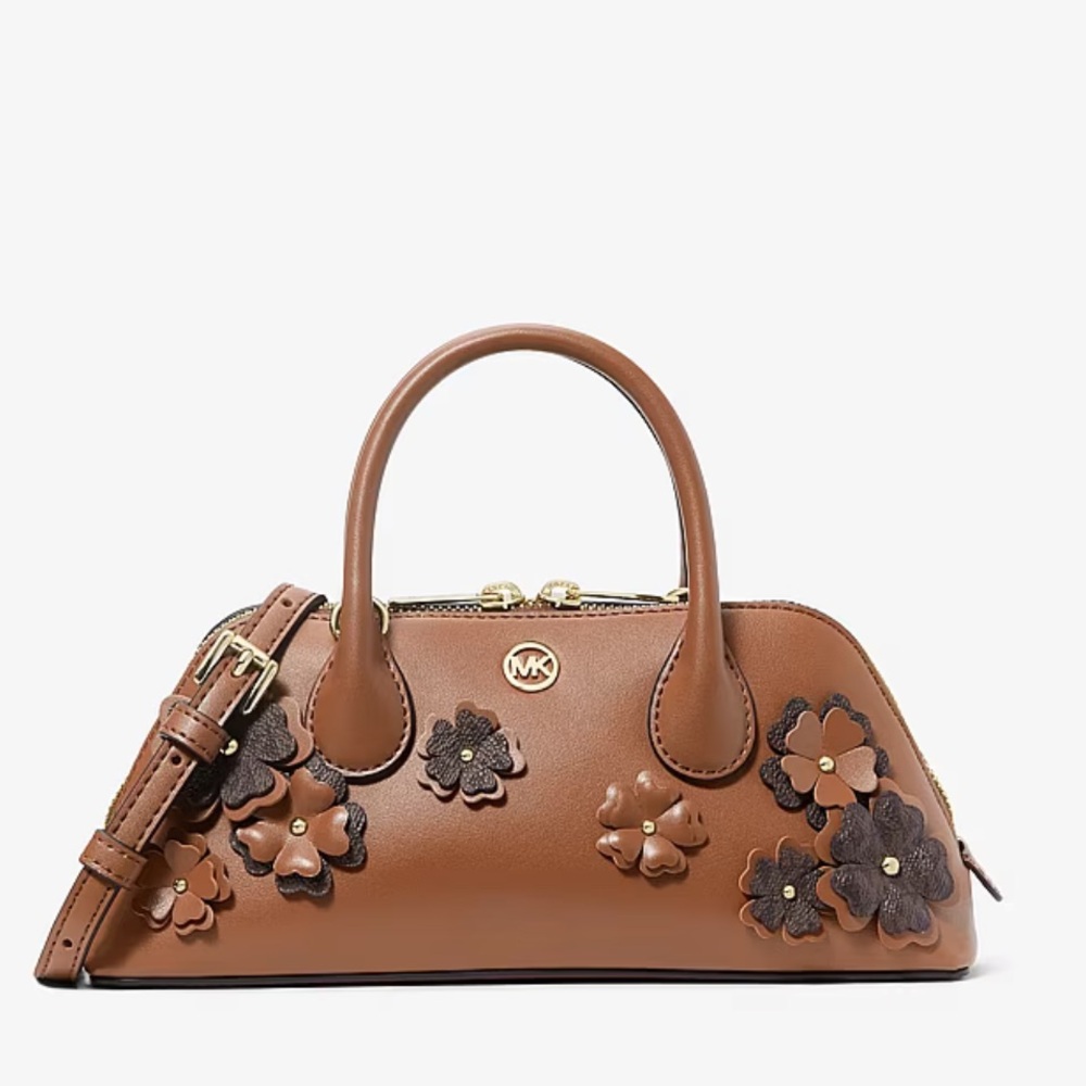 Michael Kors Tan Brown Floral-Applique Leather Satchel Crossbody - Picture 2 of 5